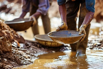 Close-up photo of gold miner workers panning for gold in the mine. - obrazy, fototapety, plakaty
