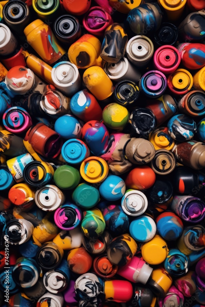 Poster a pile of different colored spray cans stacked on top of each other. perfect for art and graffiti pr