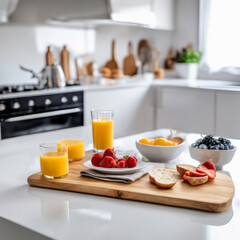Fototapeta na wymiar Wholesome breakfast spread on a wooden serving board white countertop in a stylish kitchen in the background 