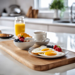 Healthy morning meal on a wooden chopping board white countertop in a contemporary kitchen in the background
