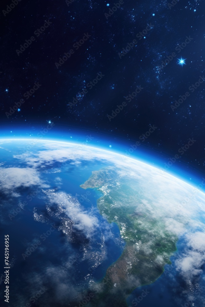Poster Earth seen from outer space with stars in the background. Suitable for astronomy or space exploration concepts