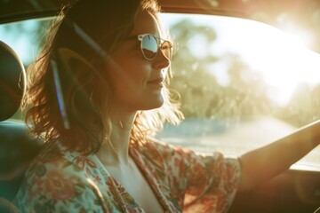 A woman with sunglasses drives a car under the bright sun, her face illuminated by the warm light as she enjoys the open road - obrazy, fototapety, plakaty