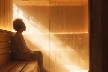 A lone individual sits peacefully on a wooden bench inside a sauna, surrounded by steam, enjoying a moment of relaxation and rejuvenation