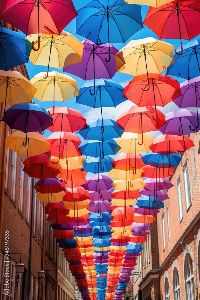 Poster Colorful umbrellas hanging from the ceiling, perfect for adding a pop of color to any space