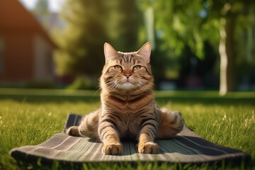 Cat doing yoga on a mat outside.
