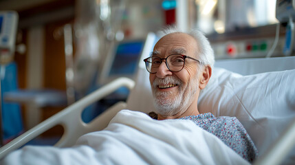Lebensfreude trotz Krankenhaus: Älterer Patient mit strahlendem Lächeln - obrazy, fototapety, plakaty