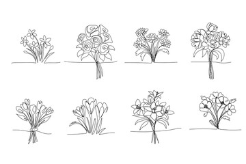 line art, bouquet of flowers, single line drawing. black line, tulips, daffodils, roses. Spring flowers vector