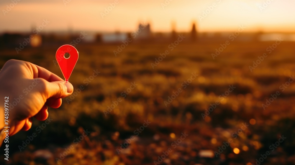 Poster person holding a red pin with a city in the background. suitable for travel and navigation concepts
