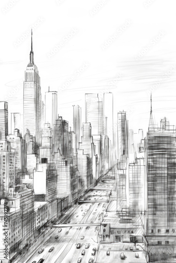 Poster Detailed black and white drawing of a cityscape, suitable for architectural projects