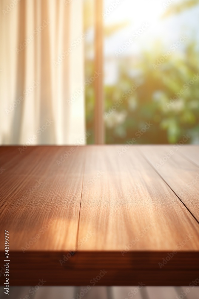 Poster A wooden table with a window in the background. Suitable for interior design concepts