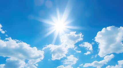 Naklejka na ściany i meble Sun shining through clouds in blue sky, ideal for weather-related designs