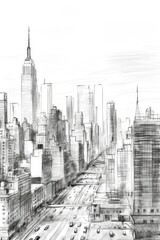 Detailed black and white drawing of a cityscape, suitable for architectural projects