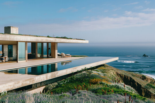 Modern architecture with infinity pool overlooking the ocean. Luxury lifestyle and serene coastal design concept