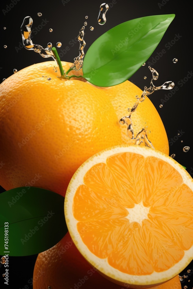Poster a vibrant orange with a slice cut in half, with water splashing on it. suitable for food and beverag