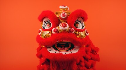 Obraz premium Close up of a red lion head on an orange background. Perfect for wildlife or animal-themed designs