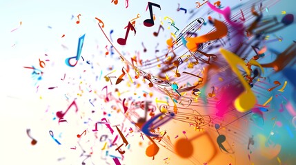 Colorful music notes flying in the air. 3D illustration. - obrazy, fototapety, plakaty