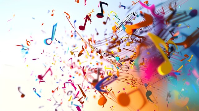Colorful music notes flying in the air. 3D illustration.