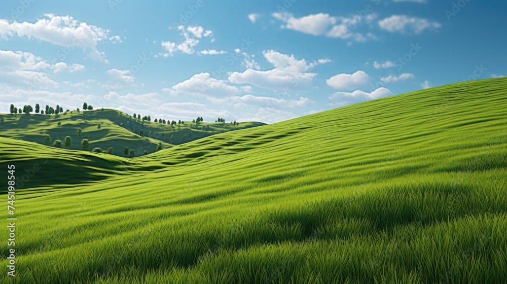 Poster Scenic view of grass field with trees on a hill. Suitable for nature and landscape concepts