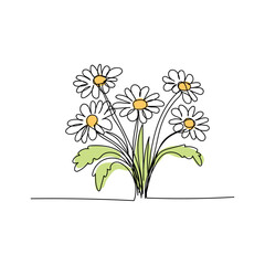  line art, bouquet of flowers daisy spring and summer, drawing with one line. vector illustration white background