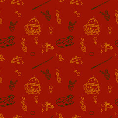 Magic items seamless pattern in hand draw style on rad background. School of Magic. Wand, cauldron, frog, poison, scroll.