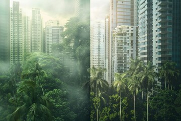 Dichotomy of Urban and Natural Landscapes: A Digital Contrast Between Dense Forest and High-Rise Buildings - obrazy, fototapety, plakaty