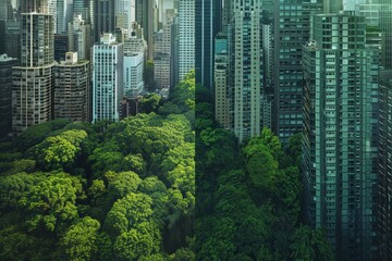 Fototapeta premium Dichotomy of Urban and Natural Landscapes: A Digital Contrast Between Dense Forest and High-Rise Buildings