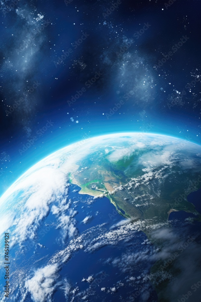 Poster a stunning view of earth from space with clouds and stars. perfect for educational and scientific pr
