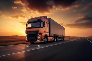 Semi truck driving down a highway at sunset. Suitable for transportation and travel concepts - obrazy, fototapety, plakaty