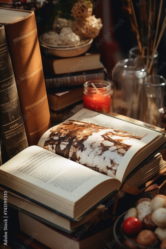 Poster An open book resting on a table. Ideal for educational and reading concepts