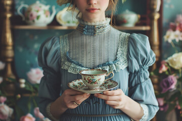 Woman holding vintage teacup in a floral setting. Victorian tea party concept for design and print - obrazy, fototapety, plakaty