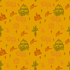 Magic items seamless pattern in hand draw style on yellow background. School of witchcraft. Mandrake, cauldron, poison, spell book. - obrazy, fototapety, plakaty
