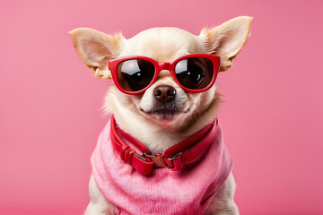 white chihuahua wearing sunglasses and a pink bandana