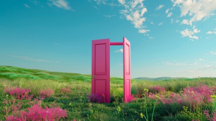 Surreal Concept of a Pink Door Opening to a Lush Green Meadow