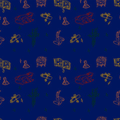 Magic items seamless pattern in hand draw style on blue background. School of witchcraft. Mandrake, poison, spell book, scroll, frog.
