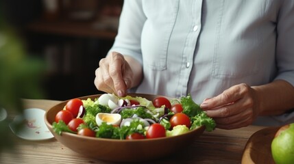 Woman preparing salad in a bowl, ideal for cooking concepts