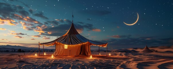 A Ramadan tent in the desert, glowing under a crescent moon, where a genie tells tales of magic rings and flying carpets