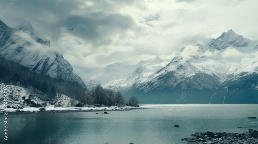 Aufkleber Scenic view of a snow-covered mountain range reflecting in a tranquil lake. Ideal for travel and nature concepts