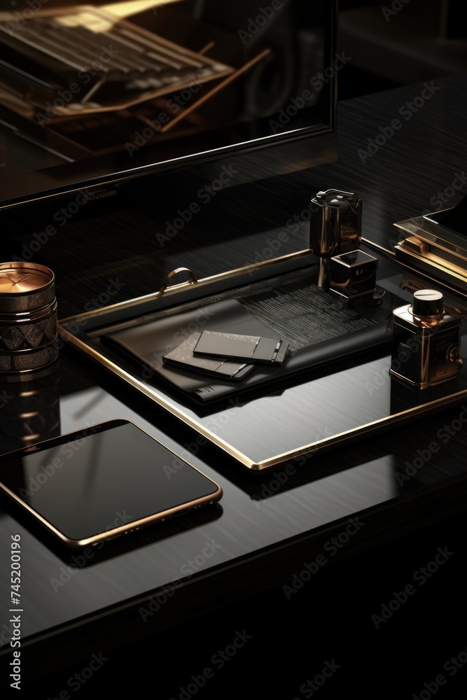 Poster a cluttered desk with various items on it, suitable for office or business concepts