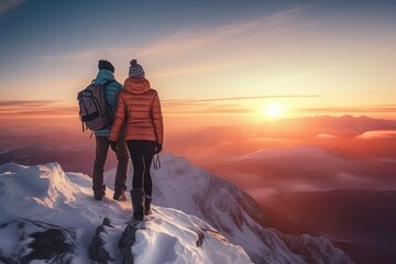 Obraz premium Two people enjoying the view on a snowy mountain peak. Ideal for travel and adventure concepts