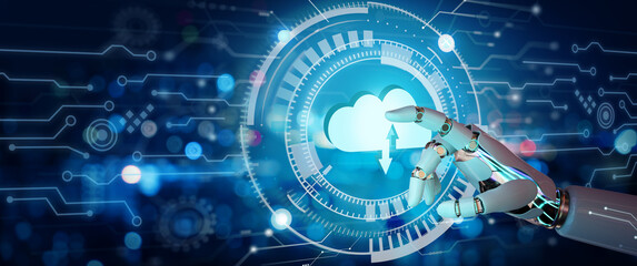 Ai Robot hand pointing Cloud computing technology internet storage network. Data information on cloud to backup storage internet data with Artificial Intelligence Concept. 3D illustration.