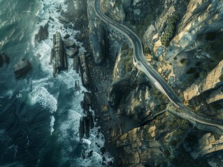 Aerial Perspective of a Sinuous Road Tracing the Contours of a Rugged Coastline on Oahu Island,...