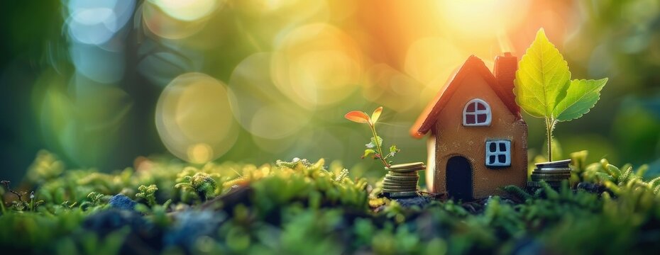 Eco-Friendly Home Improvement Investment, Illustration of a small house with coins stacked on the roof, representing the concept of investing in eco-friendly home improvements.