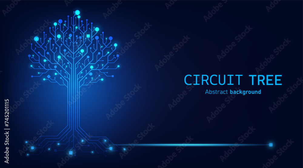 Leinwandbilder Circuit board tree. Digital circuit board internet connection concept. Hi Tech dark blue color. Computer motherboard system. Vector illustration dots, lines and square social network and connecting.