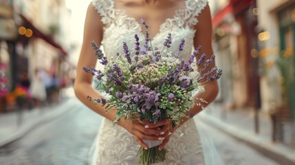 Elegant Bride Holding Lavender Floral Bouquet on Cobblestone Street with Vintage Charm