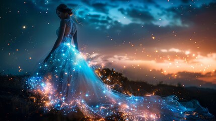 Enchanting Woman in Sparkling Blue Gown Against Twilight Sky, Ethereal Beauty in Nature, Fantasy Concept with Glittering Dress
