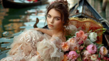 Fotobehang Elegant Young Woman in a Luxurious Floral Dress Posing by a Venetian Gondola with Roses © pisan