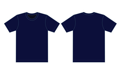 Blank Navy Blue Short Sleeve T-Shirt Template on White Background.Front and Back View, Vector File