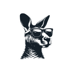 The Kangaroo wear black sunglasses. Black white vector illustration.