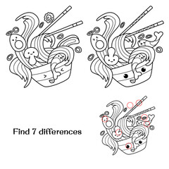 Chinese wok noodles in a plate with chopsticks. Find 7 differences. Tasks for children. Vector illustration