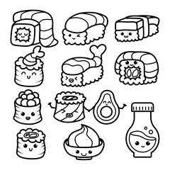 Set of cute sushi, maki, and rolls in kawaii style. Vector illustration isolated on a white background